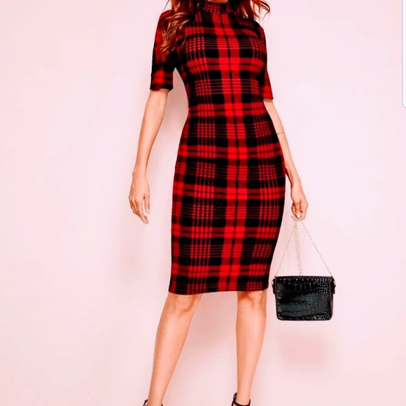 🆕Red & Black Tartan print Body-con dress size XL - Picture 5 of 7